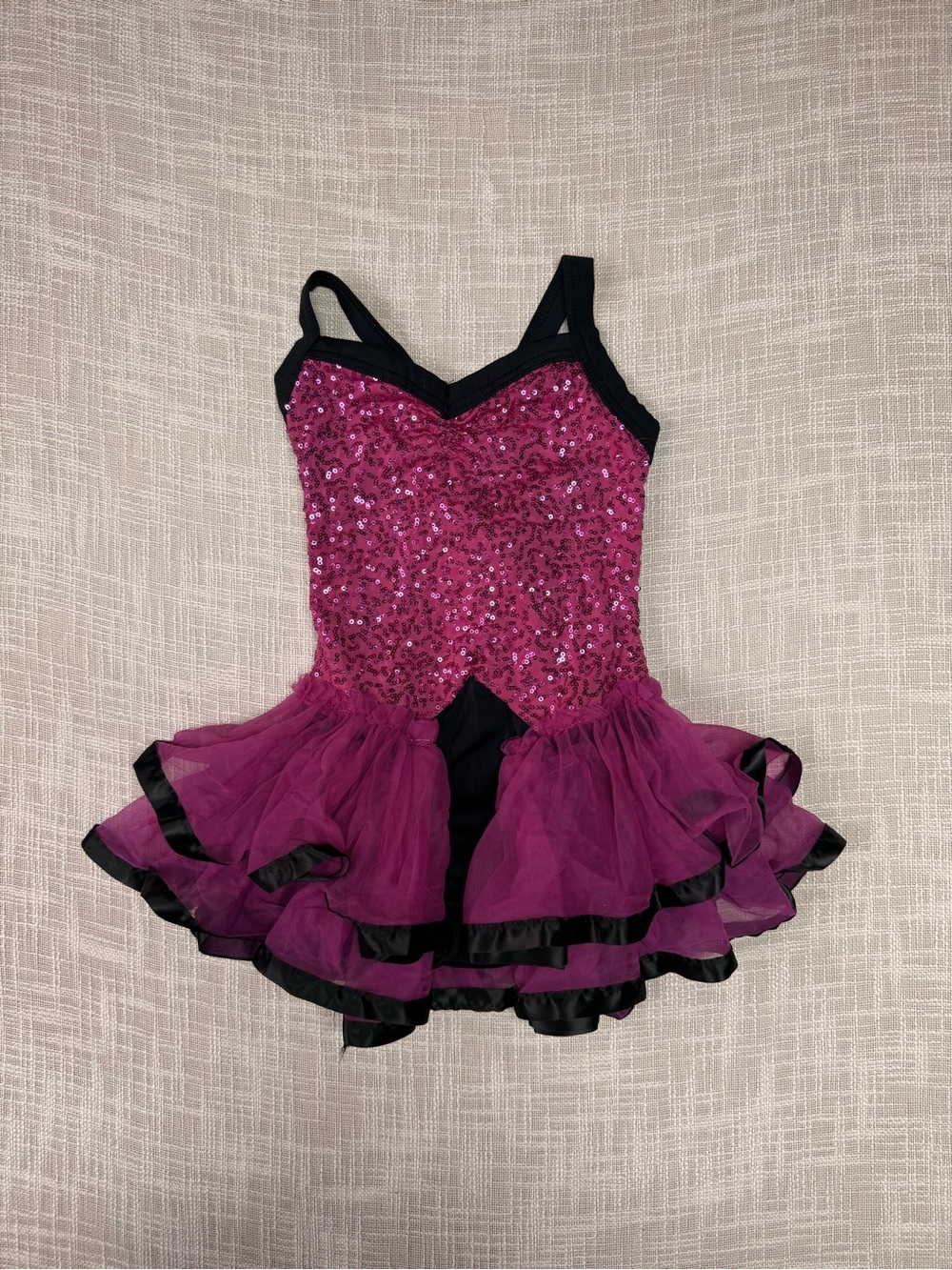 Pink Sequin Dance Costume Dress Size SC Black Tulle Ruffle Skirt